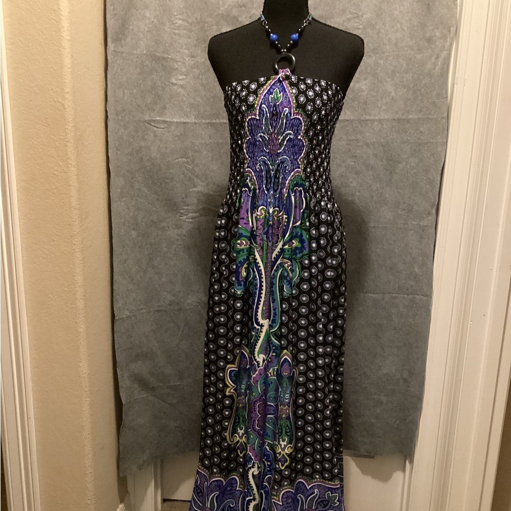 Magic Strapless Maxi Dress in Purple, Black and Green Paisley. C37